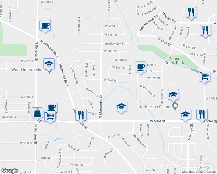 map of restaurants, bars, coffee shops, grocery stores, and more near 4015 Lillie Court in Davenport