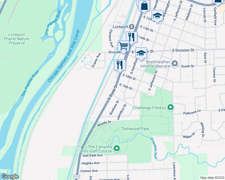 map of restaurants, bars, coffee shops, grocery stores, and more near 1923 South State Street in Lockport