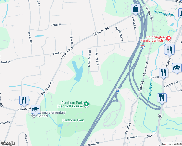 map of restaurants, bars, coffee shops, grocery stores, and more near 130 Roxbury Road in Southington