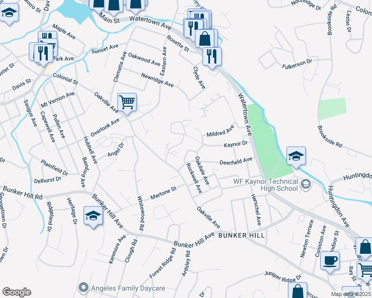 map of restaurants, bars, coffee shops, grocery stores, and more near 35 Armand Drive in Waterbury