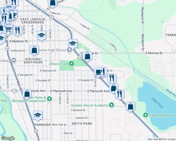 map of restaurants, bars, coffee shops, grocery stores, and more near 1101 East Reynolds Street in Goshen