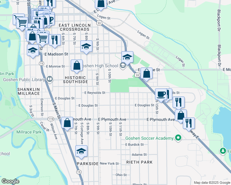 map of restaurants, bars, coffee shops, grocery stores, and more near 757 East Reynolds Street in Goshen