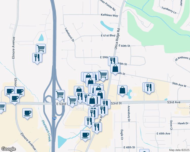 map of restaurants, bars, coffee shops, grocery stores, and more near 4040 East 55th Street in Davenport