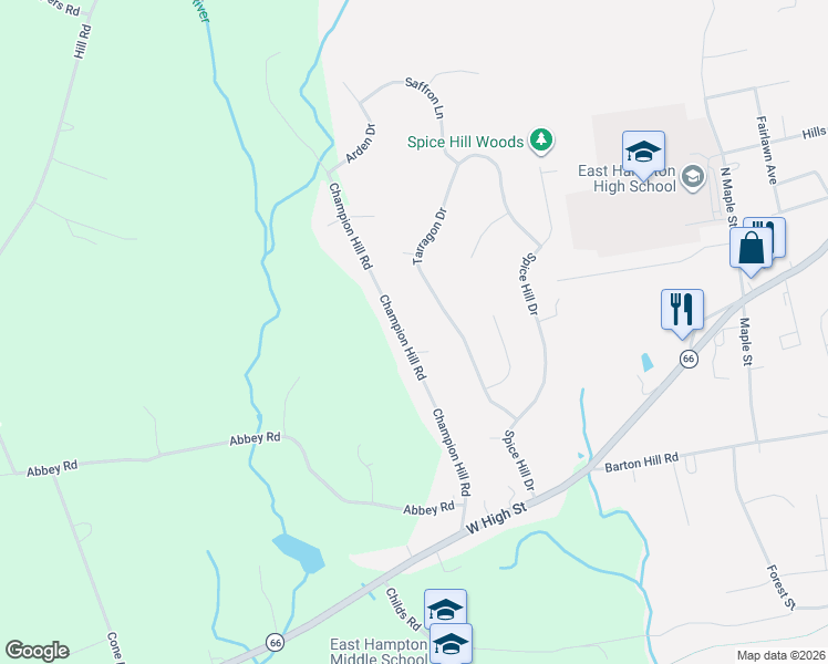 map of restaurants, bars, coffee shops, grocery stores, and more near 65 Champion Hill Road in East Hampton