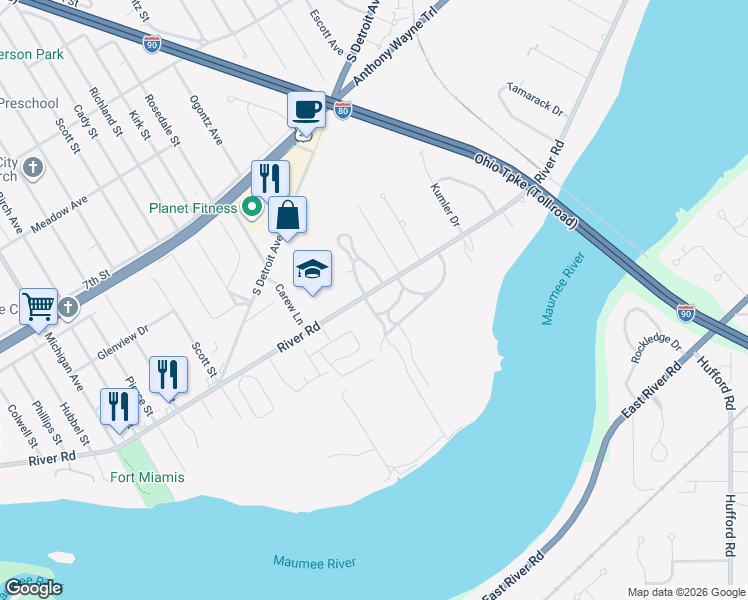 map of restaurants, bars, coffee shops, grocery stores, and more near 2612 River Road in Maumee