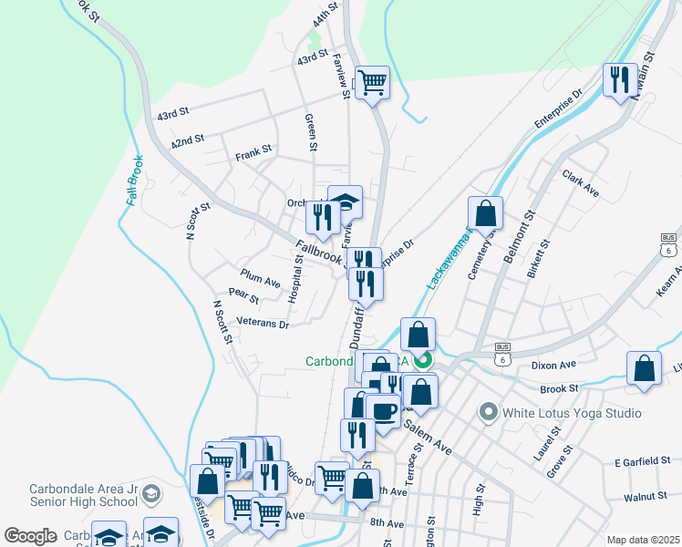 map of restaurants, bars, coffee shops, grocery stores, and more near 13 Fallbrook Street in Carbondale