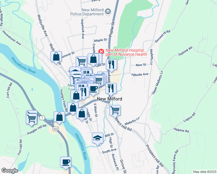 map of restaurants, bars, coffee shops, grocery stores, and more near 28 East Street in New Milford