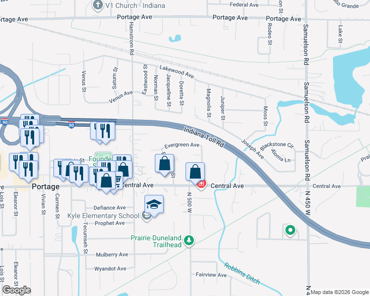 map of restaurants, bars, coffee shops, grocery stores, and more near 6495 Evergreen Avenue in Portage