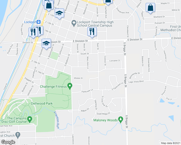 map of restaurants, bars, coffee shops, grocery stores, and more near 557 Rosanne Lane in Lockport