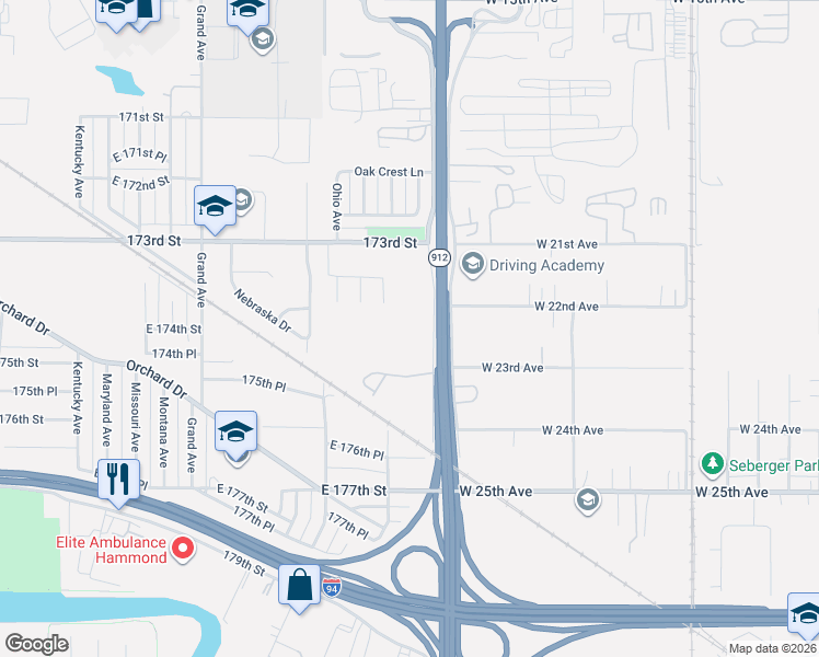 map of restaurants, bars, coffee shops, grocery stores, and more near 7416 Cline Avenue in Hammond