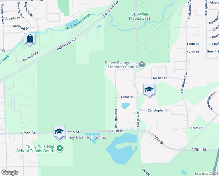 map of restaurants, bars, coffee shops, grocery stores, and more near 17230 Parkside Avenue in Tinley Park