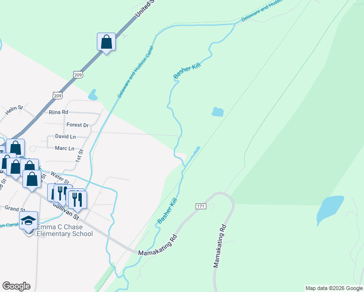 map of restaurants, bars, coffee shops, grocery stores, and more near 82 Ferguson Lane in Wurtsboro