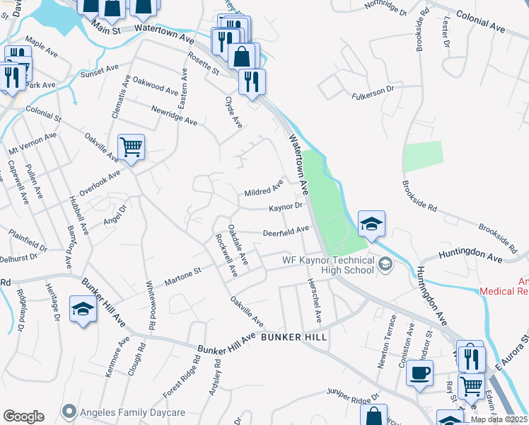 map of restaurants, bars, coffee shops, grocery stores, and more near 73 Kaynor Drive in Waterbury