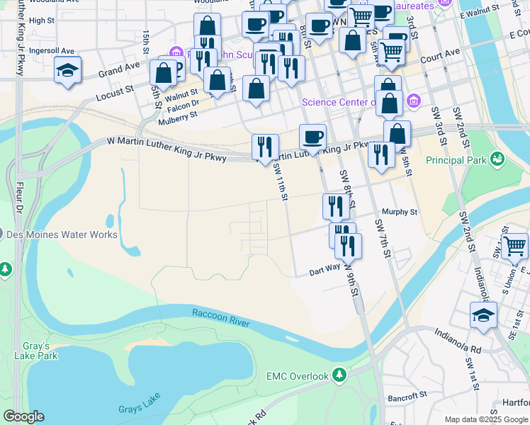 map of restaurants, bars, coffee shops, grocery stores, and more near 413 Southwest 12th Street in Des Moines