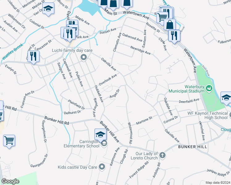 map of restaurants, bars, coffee shops, grocery stores, and more near 56 Angel Drive in Waterbury