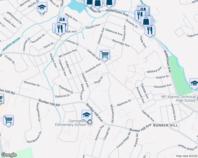 map of restaurants, bars, coffee shops, grocery stores, and more near 62 Angel Drive in Waterbury