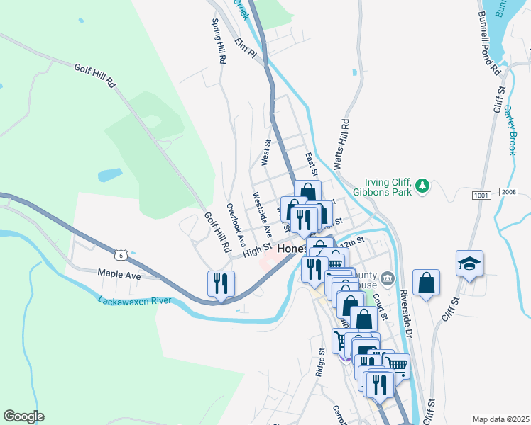 map of restaurants, bars, coffee shops, grocery stores, and more near 1317 Westside Avenue in Honesdale