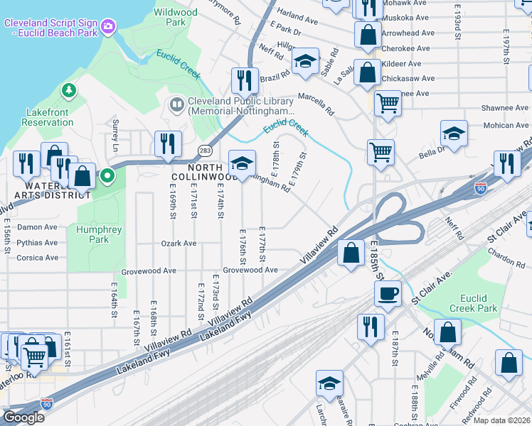 map of restaurants, bars, coffee shops, grocery stores, and more near 1071 East 177th Street in Cleveland