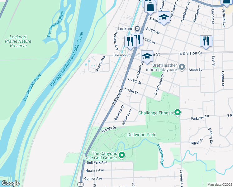 map of restaurants, bars, coffee shops, grocery stores, and more near 1923 South State Street in Lockport