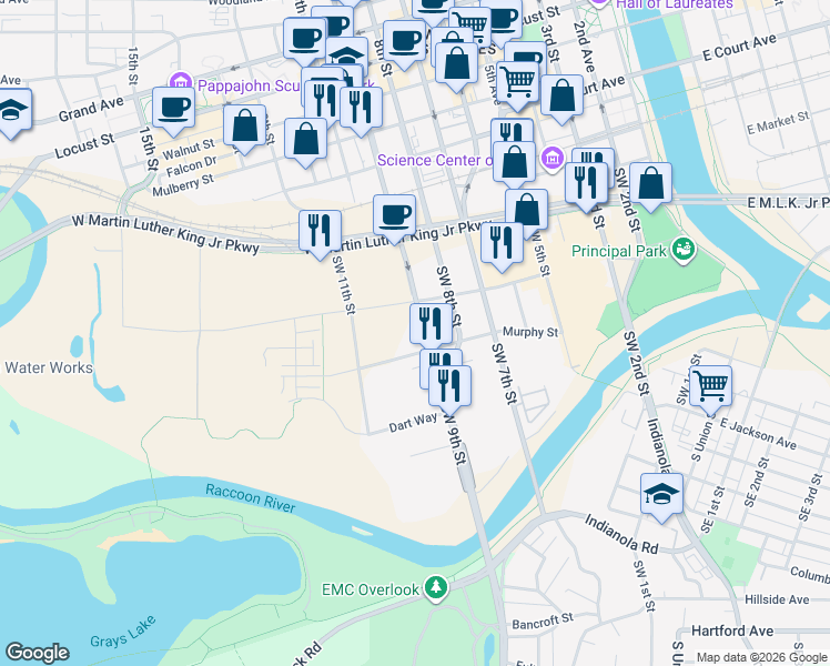 map of restaurants, bars, coffee shops, grocery stores, and more near 400 Southwest 8th Street in Des Moines