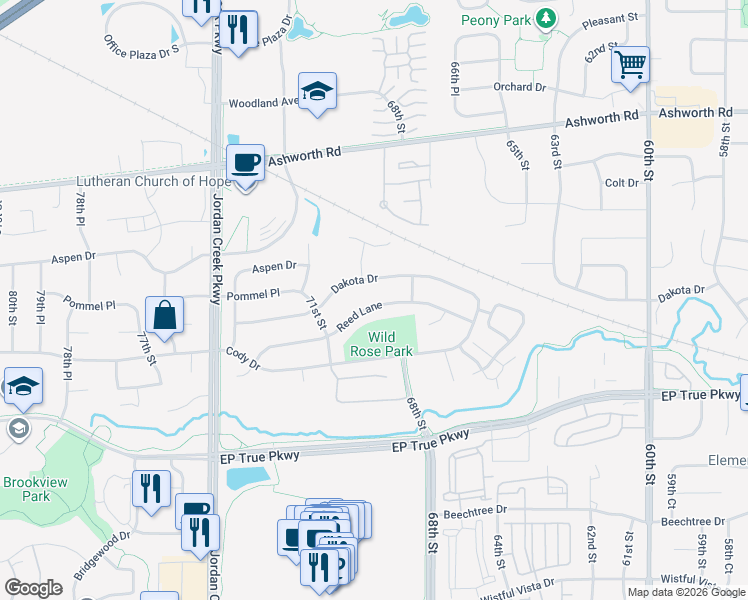 map of restaurants, bars, coffee shops, grocery stores, and more near 6879 Reed Lane in West Des Moines