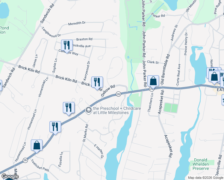 map of restaurants, bars, coffee shops, grocery stores, and more near 41 Oxbow Road in Falmouth