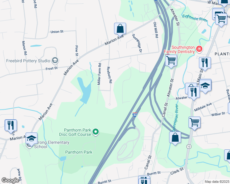 map of restaurants, bars, coffee shops, grocery stores, and more near 125 Roxbury Road in Southington