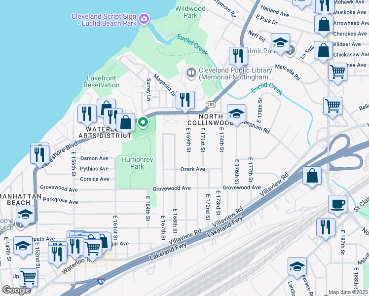 map of restaurants, bars, coffee shops, grocery stores, and more near 1075 East 169th Street in Cleveland