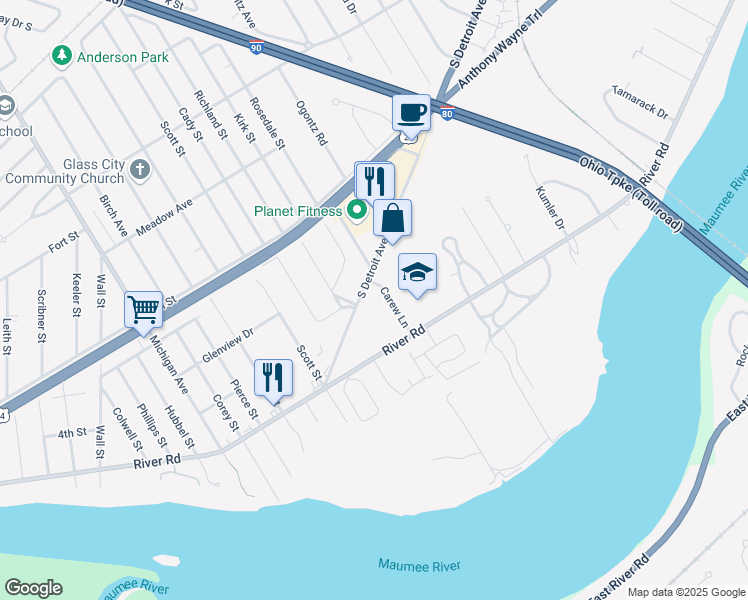 map of restaurants, bars, coffee shops, grocery stores, and more near 2430 Detroit Avenue in Maumee