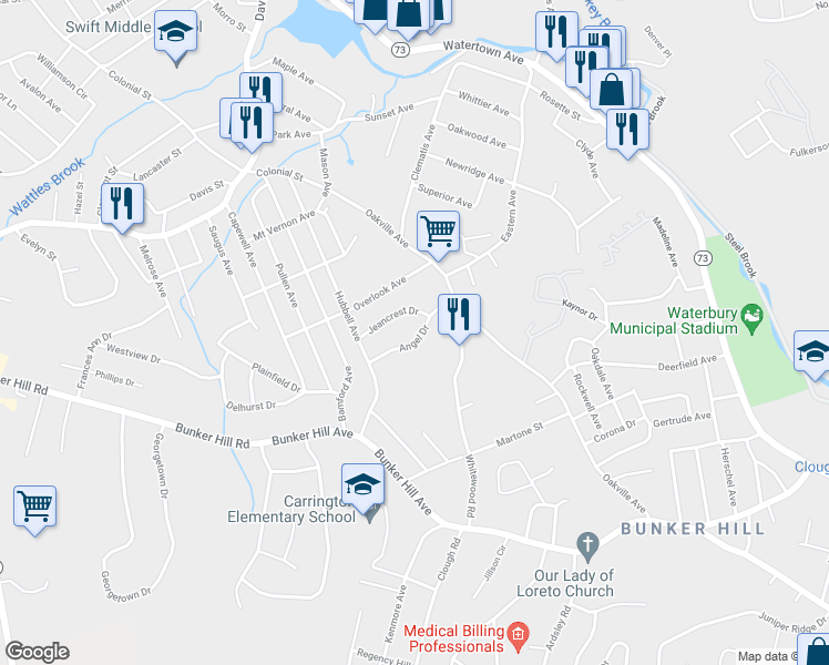 map of restaurants, bars, coffee shops, grocery stores, and more near 56 Angel Drive in Waterbury