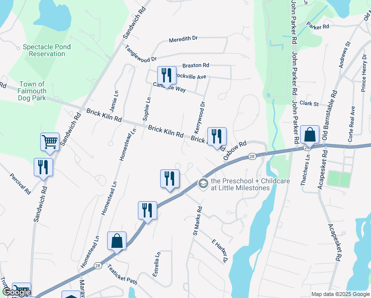 map of restaurants, bars, coffee shops, grocery stores, and more near 52 Brick Kiln Road in Falmouth