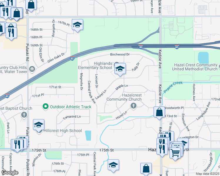 map of restaurants, bars, coffee shops, grocery stores, and more near 3505 Laurel Lane in Hazel Crest