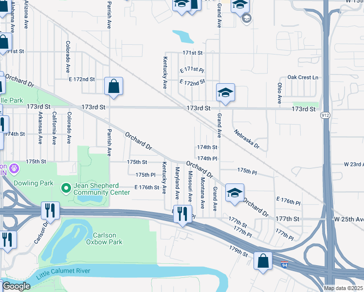 map of restaurants, bars, coffee shops, grocery stores, and more near 3435 Orchard Drive in Hammond