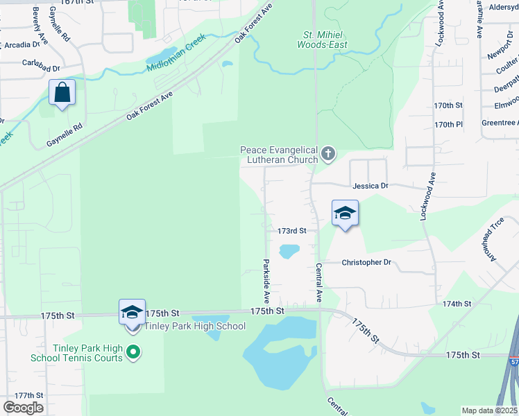 map of restaurants, bars, coffee shops, grocery stores, and more near 17230 Parkside Avenue in Tinley Park