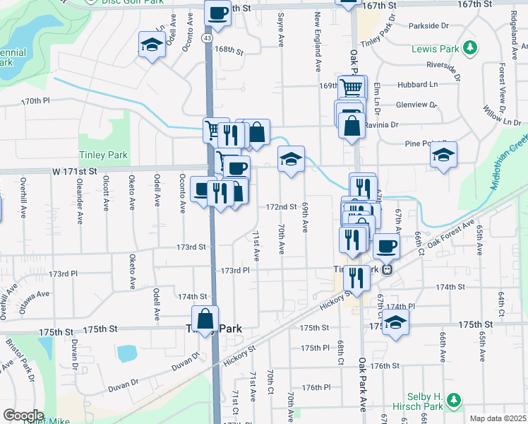 map of restaurants, bars, coffee shops, grocery stores, and more near 17201 71st Ave in Tinley Park
