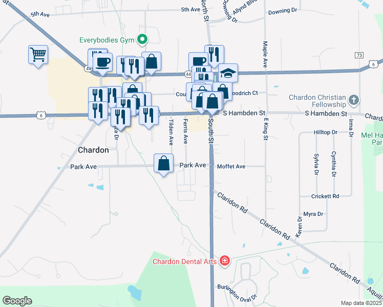 map of restaurants, bars, coffee shops, grocery stores, and more near 133 Ferris Avenue in Chardon