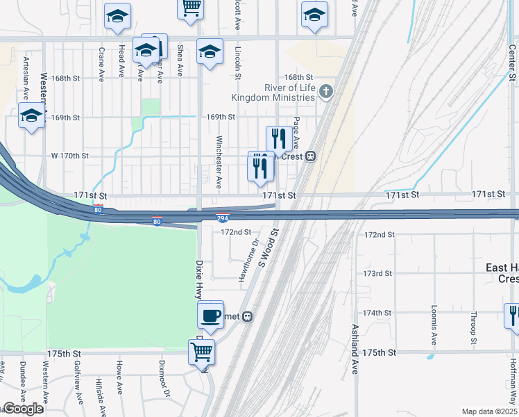 map of restaurants, bars, coffee shops, grocery stores, and more near 17114 Hawthorne Drive in Hazel Crest