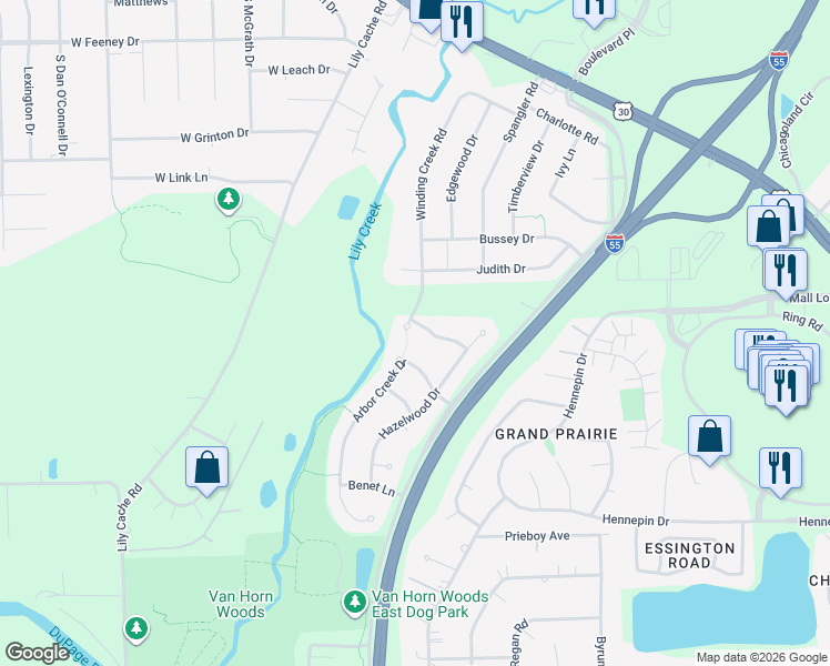 map of restaurants, bars, coffee shops, grocery stores, and more near 23046 Ironwood Drive in Plainfield