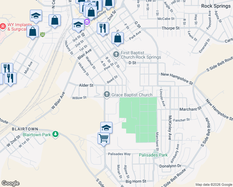 map of restaurants, bars, coffee shops, grocery stores, and more near 821 Young Avenue in Rock Springs