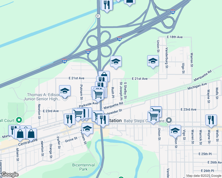 map of restaurants, bars, coffee shops, grocery stores, and more near 2146 Rush Place in Lake Station