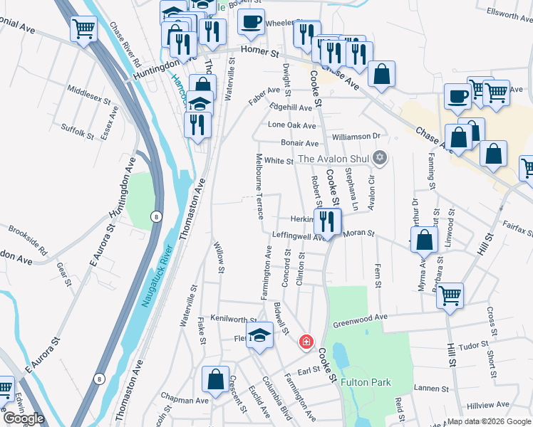 map of restaurants, bars, coffee shops, grocery stores, and more near 40 Melbourne Terrace in Waterbury