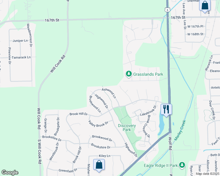 map of restaurants, bars, coffee shops, grocery stores, and more near 17121 Ashwood Lane in Orland Park
