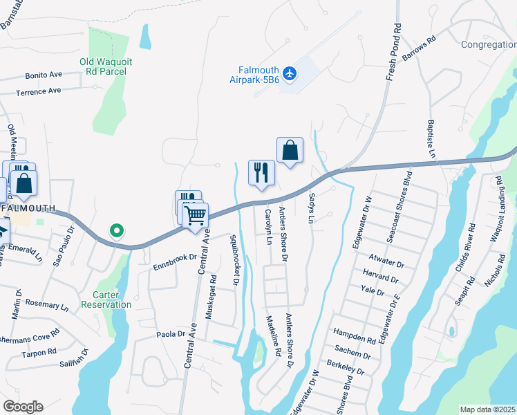 map of restaurants, bars, coffee shops, grocery stores, and more near 863 East Falmouth Highway in Falmouth