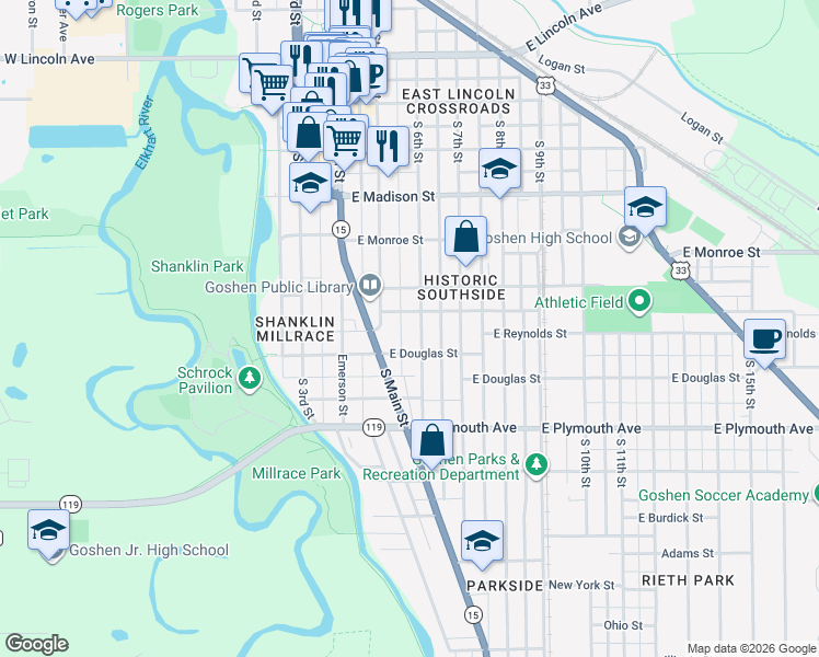 map of restaurants, bars, coffee shops, grocery stores, and more near 623 S 6th St in Goshen