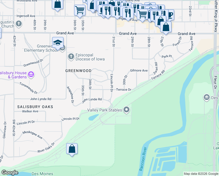 map of restaurants, bars, coffee shops, grocery stores, and more near 100 Lincoln Place Drive in Des Moines