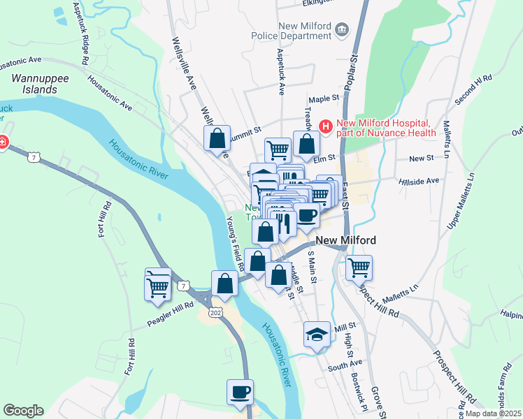 map of restaurants, bars, coffee shops, grocery stores, and more near 88 Railroad Street in New Milford