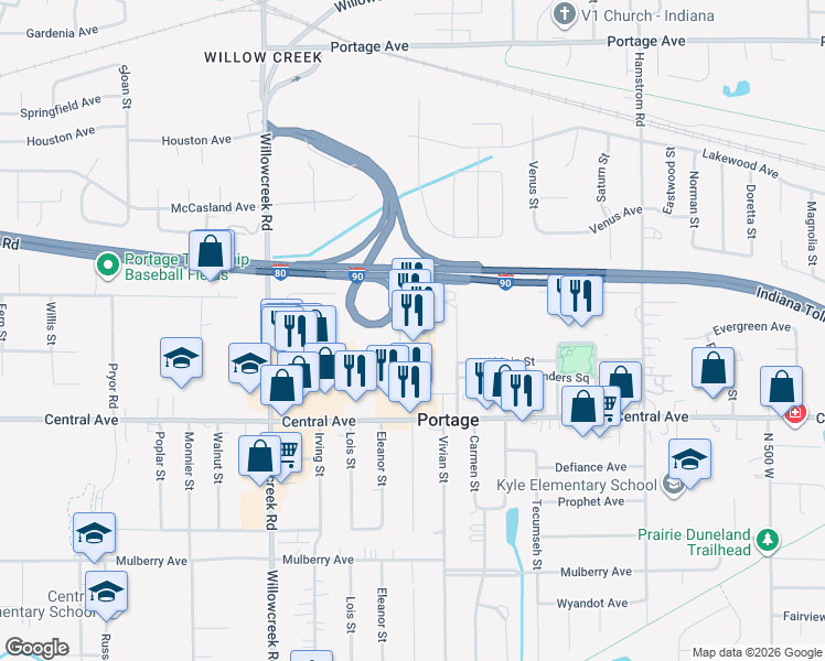 map of restaurants, bars, coffee shops, grocery stores, and more near 2536 Portage Mall in Portage