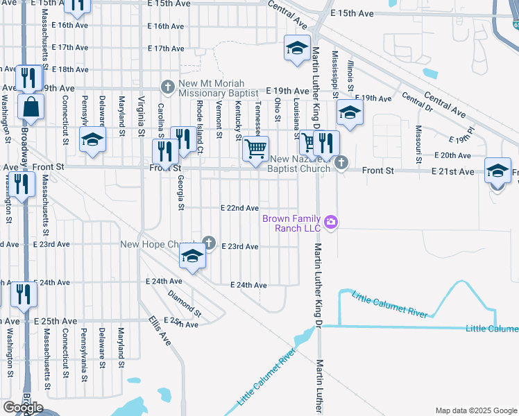 map of restaurants, bars, coffee shops, grocery stores, and more near 1198 East 22nd Avenue in Gary