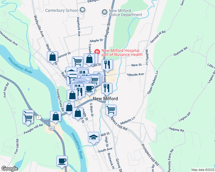 map of restaurants, bars, coffee shops, grocery stores, and more near 28 East Street in New Milford