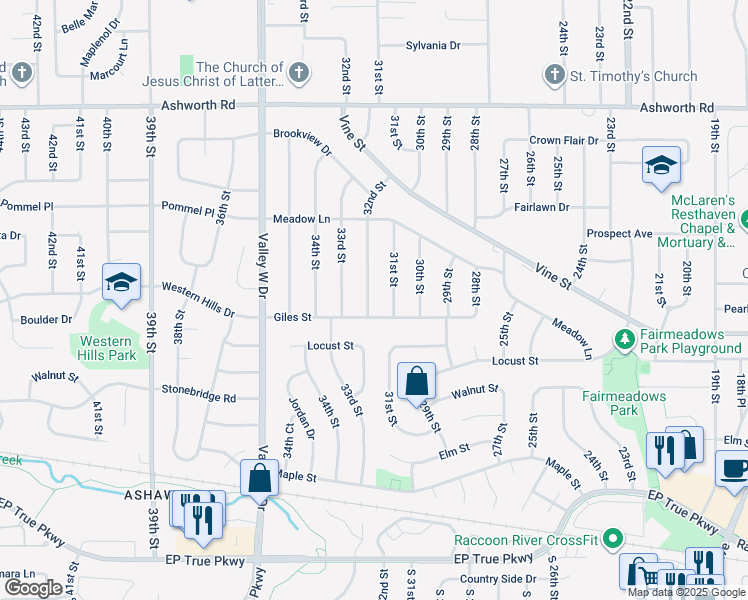 map of restaurants, bars, coffee shops, grocery stores, and more near 529 32nd Street in West Des Moines